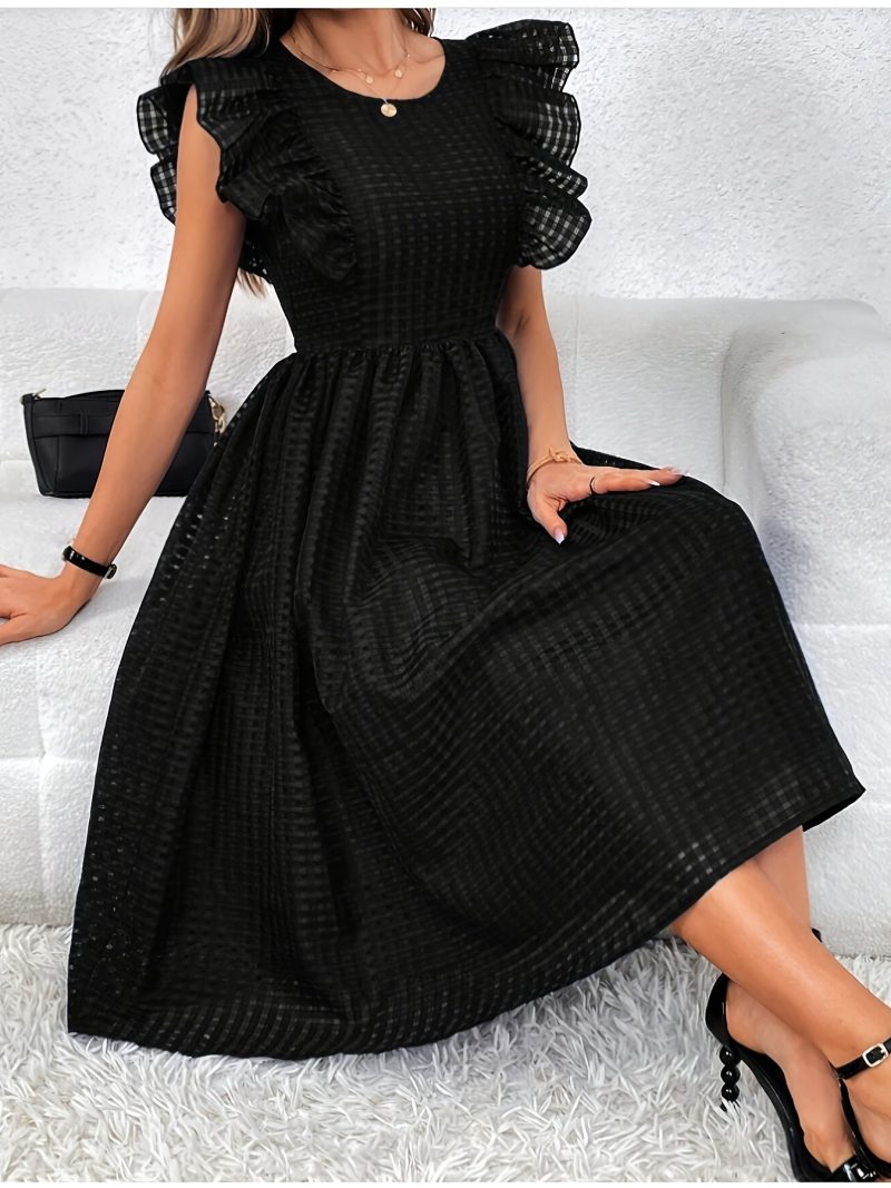 Women's Sleeveless A-Line Dress - Solid Black Small Grid Texture, Ruffled Neck & Flared Hem, Machine Washable Midi-Length for Casual & Formal Occasions, Discreet Button Details