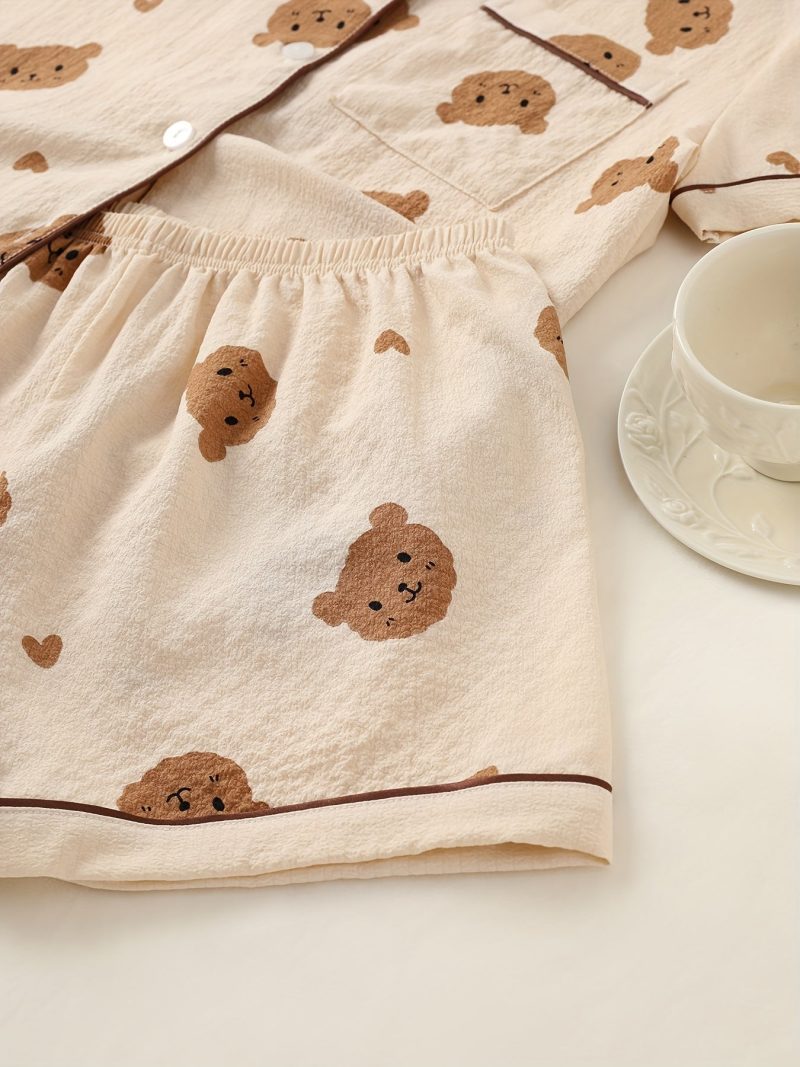 Women's Cute Bear Double Short Puff Sleeve Romper Set - Image 5