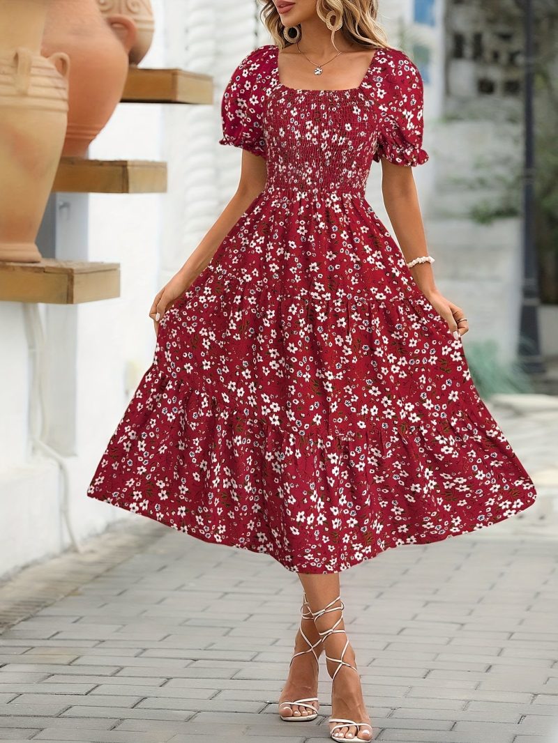 [Elegant Floral Midi Dress] Floral Print Women's Elegant Midi Dress with Ruffle Sleeves, Square Neck, and Cinched Waist | Polyester Fabric | Perfect for Spring/Summer, Casual Style, Casual Summer Wear - Image 7