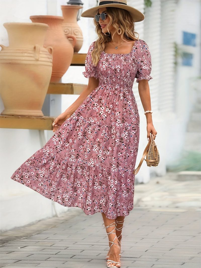 [Elegant Floral Midi Dress] Floral Print Women's Elegant Midi Dress with Ruffle Sleeves, Square Neck, and Cinched Waist | Polyester Fabric | Perfect for Spring/Summer, Casual Style, Casual Summer Wear - Image 4