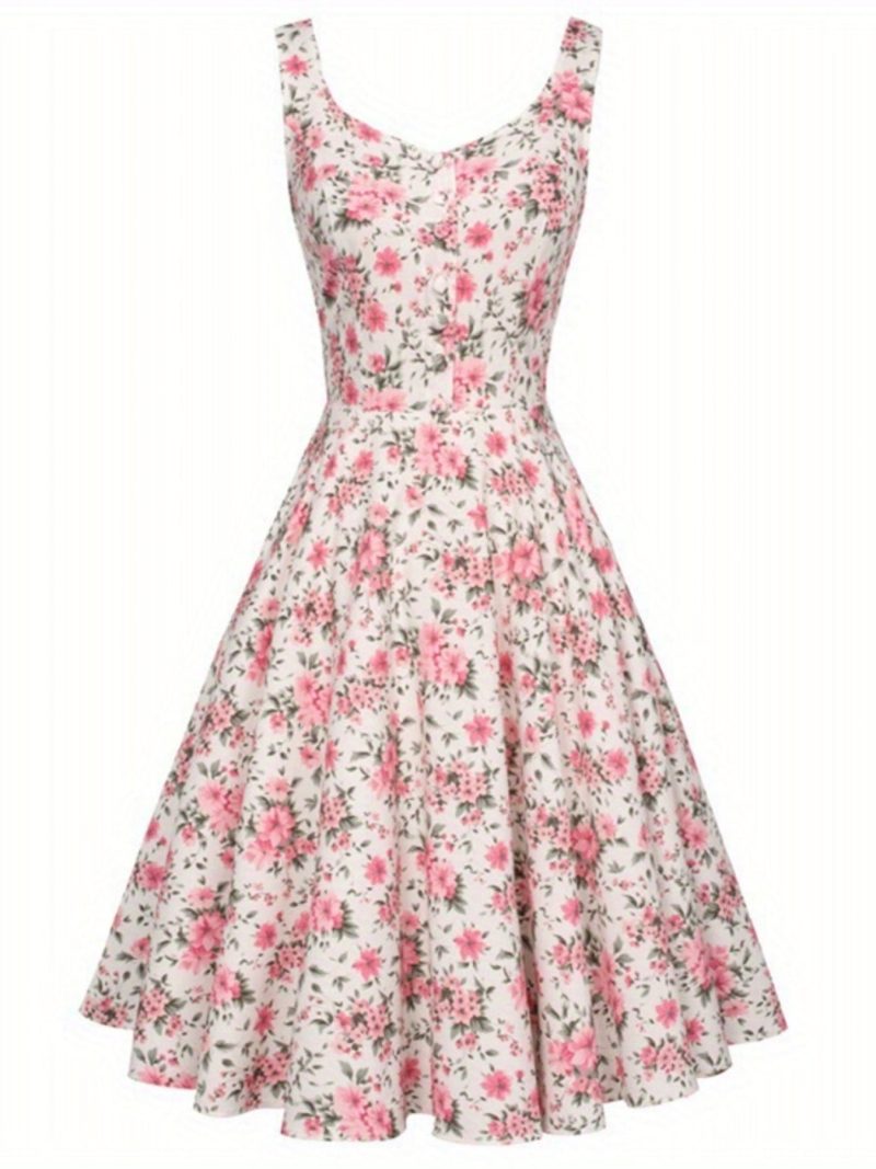 Women's Floral Print Sweetheart Neck Sleeveless Cami Dress - Slim Fit A-Line with Ruffled Hem, Pink & White Floral Pattern, Machine Washable Spring Summer Casual Dress - Image 2