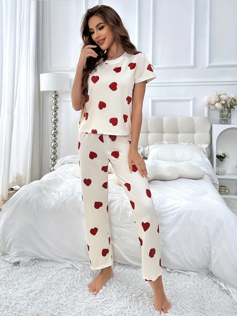 Allover Heart Print Pajama Set, Casual Short Sleeve Round Neck Tee & Elastic Pants, Women's Lounge & Sleepwear - Image 4