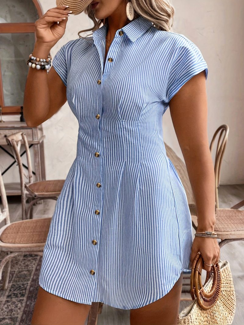[Plus Size Dress] Comfortable Women's Plus Size Striped A-Line Shirt Dress | Short Sleeve, Button-Up, High-Waist, Casual Office Dress for Summer - Image 5