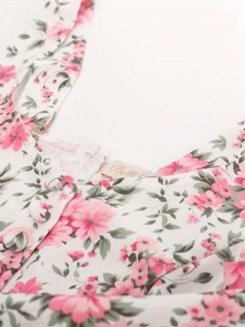 Women's Floral Print Sweetheart Neck Sleeveless Cami Dress - Slim Fit A-Line with Ruffled Hem, Pink & White Floral Pattern, Machine Washable Spring Summer Casual Dress - Image 3