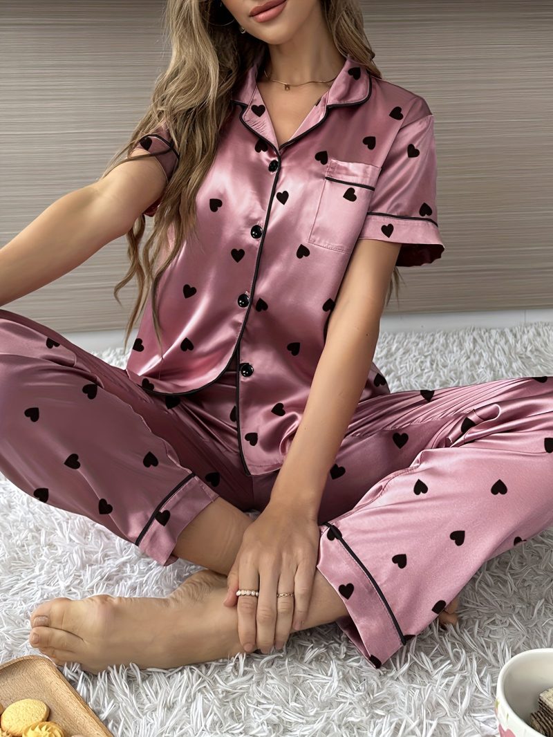 Cozy Heart Print Satin Pajama Set - Soft Short Sleeve Buttons Lapel Top & Pants with Comfortable Relaxed Fit, Perfect for Lounging Around - Women's Casual Sleepwear for a Restful Night's Sleep - Image 2