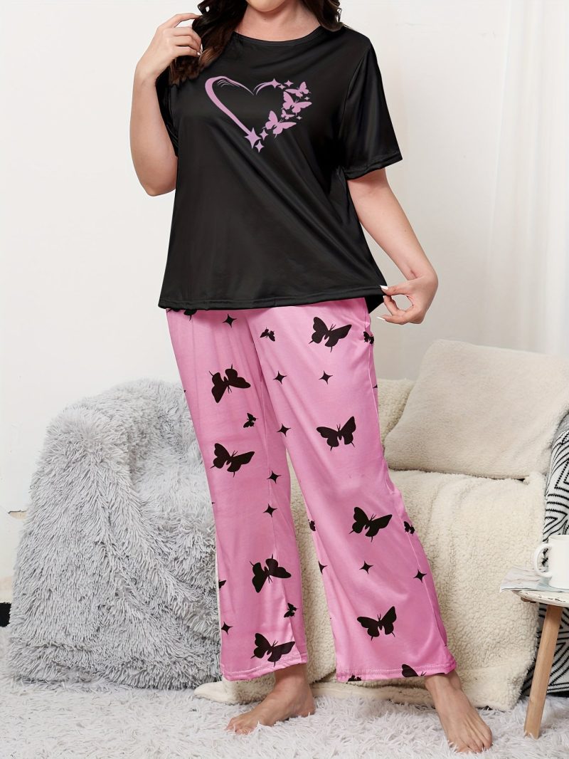 Spring/Summer/Autumn Large Size Women's Plus Size Valentine's Day Short Sleeve Long Pants Wearable Pajamas and Home Clothes Love Print Women's Loose Casual Suit - Image 2