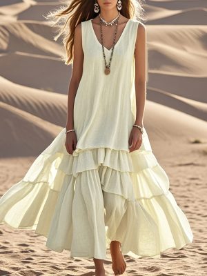 [Vintage Maxi Dress] Vintage Solid Color Maxi Dress | Sleeveless V-Neck, Flowy Beige Dress for Women - 2025 Spring/Summer Casual Ruffle Detail