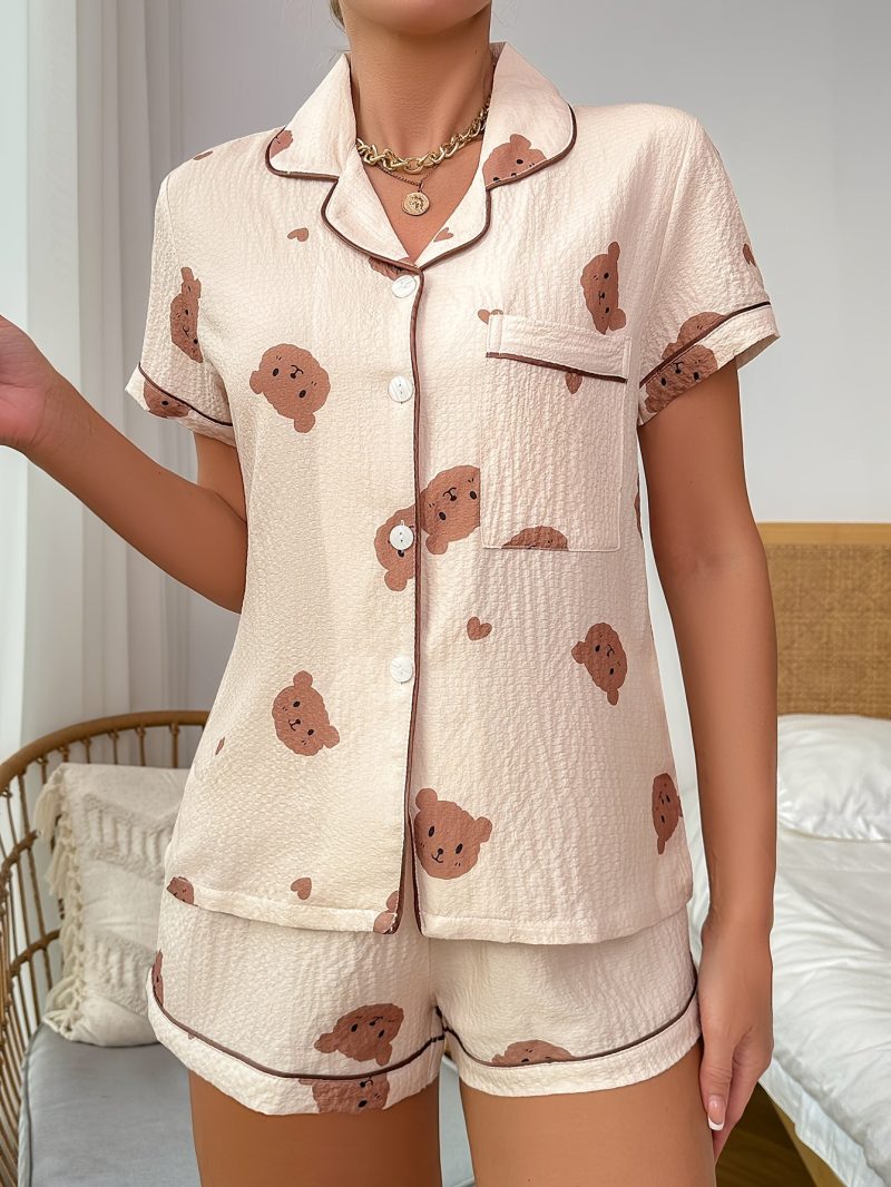 Women's Cute Bear Double Short Puff Sleeve Romper Set - Image 6